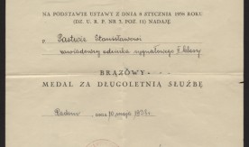 Dyplom brązowego medalu za długoletnia służbę nadanego Stanisławowi Pastwie, zawiadowcy odcinka sygnałowego II klasy w Lublinie.